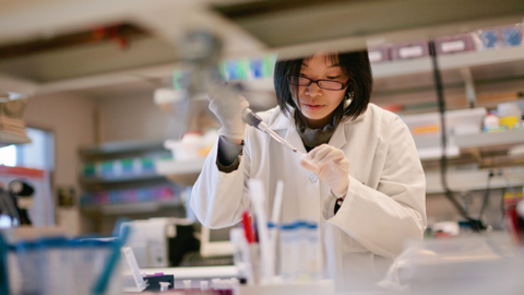 A female researcher drips liquid into a test tube