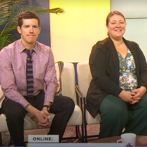 Drs. Jake Kelly and Angie Machmer sit in chairs at a CTV studio.