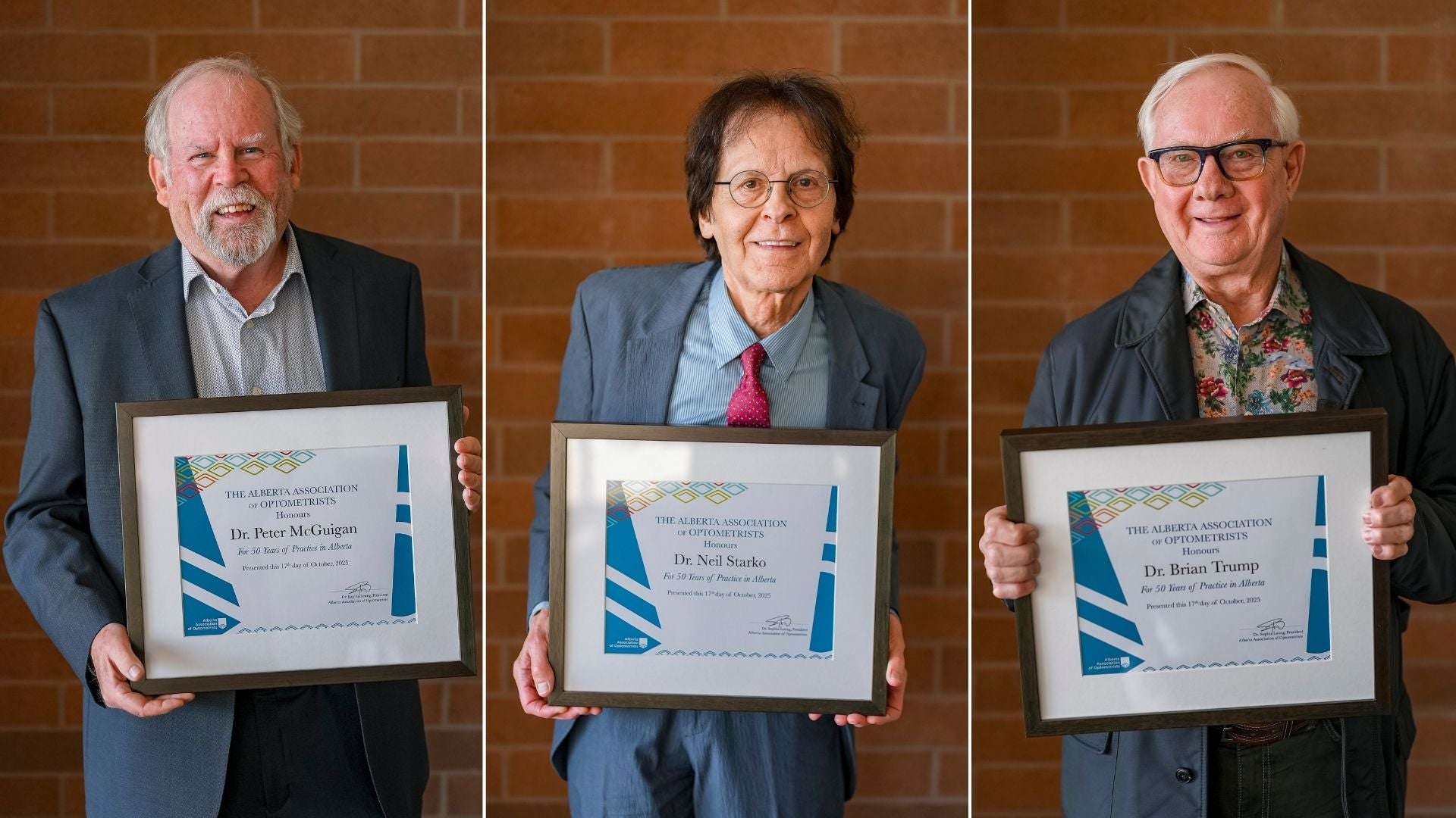 Peter McGuigan (OD ’75), Neil Starko (OD ’75) and Brian Trump (OD ’74) stand with their awards.