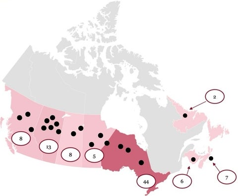 Map showing location of clerkships across Canada. Details in table.