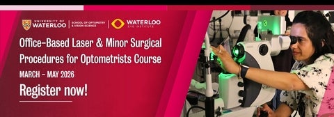A woman using a machine. Text: Office-Based Laser & Minor Surgical Procedures for Optometrists Course. March - May 2026 Register now!