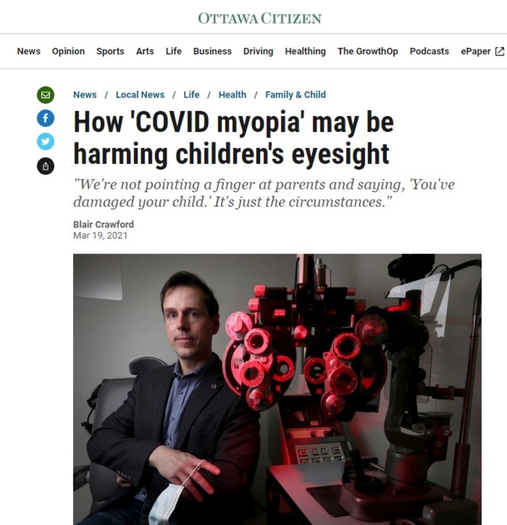 Image of the article from the Ottawa Citizen showing an optometrist and eye exam equipment