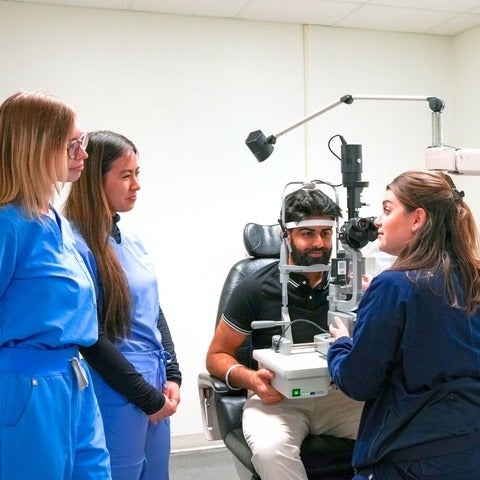 Optometrist instructing two students