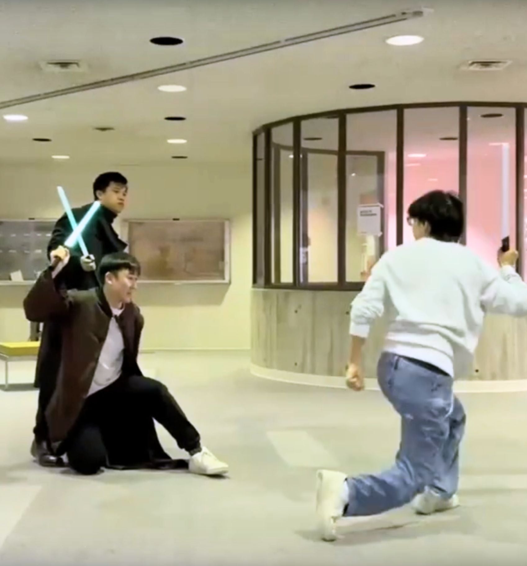 Details in caption. Reinactment of famous Star Wars light sabre duel.