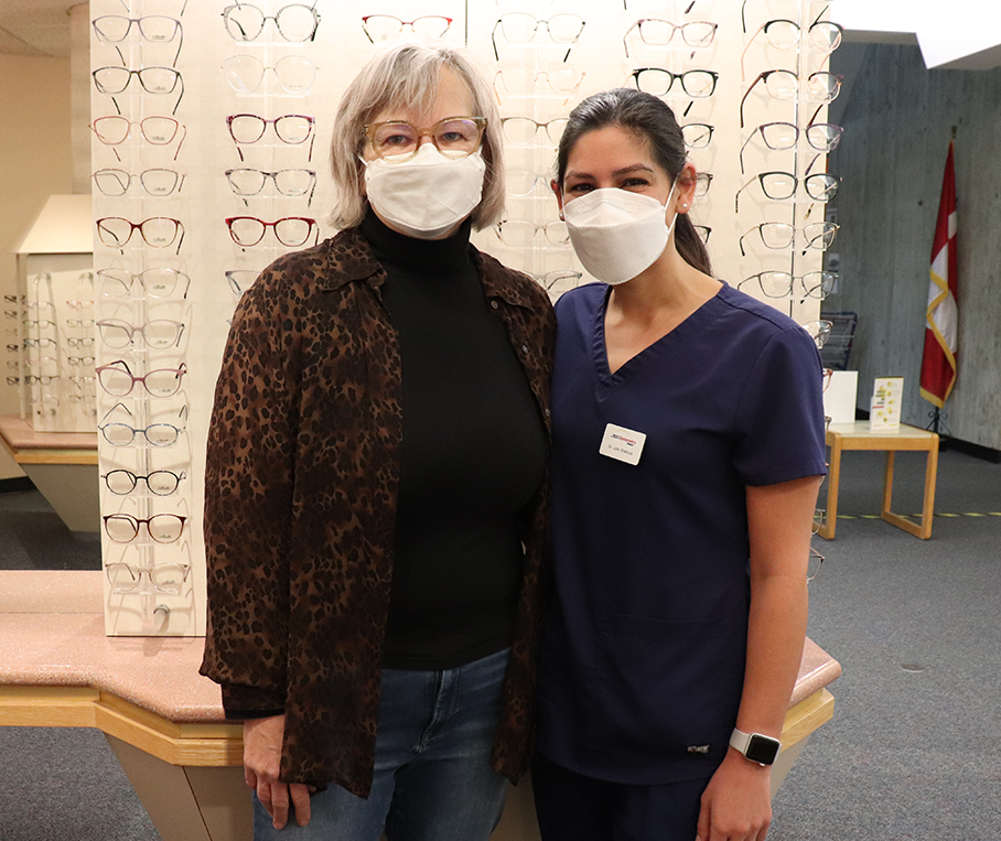 OPtometry clinic patient Sandra poses with Dr. Julie Shalhoub in UW's eyeglasses dispensary