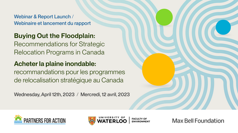 Buying Out the Floodplain title slide with blue wavy lines and a yellow. green and blue circle.