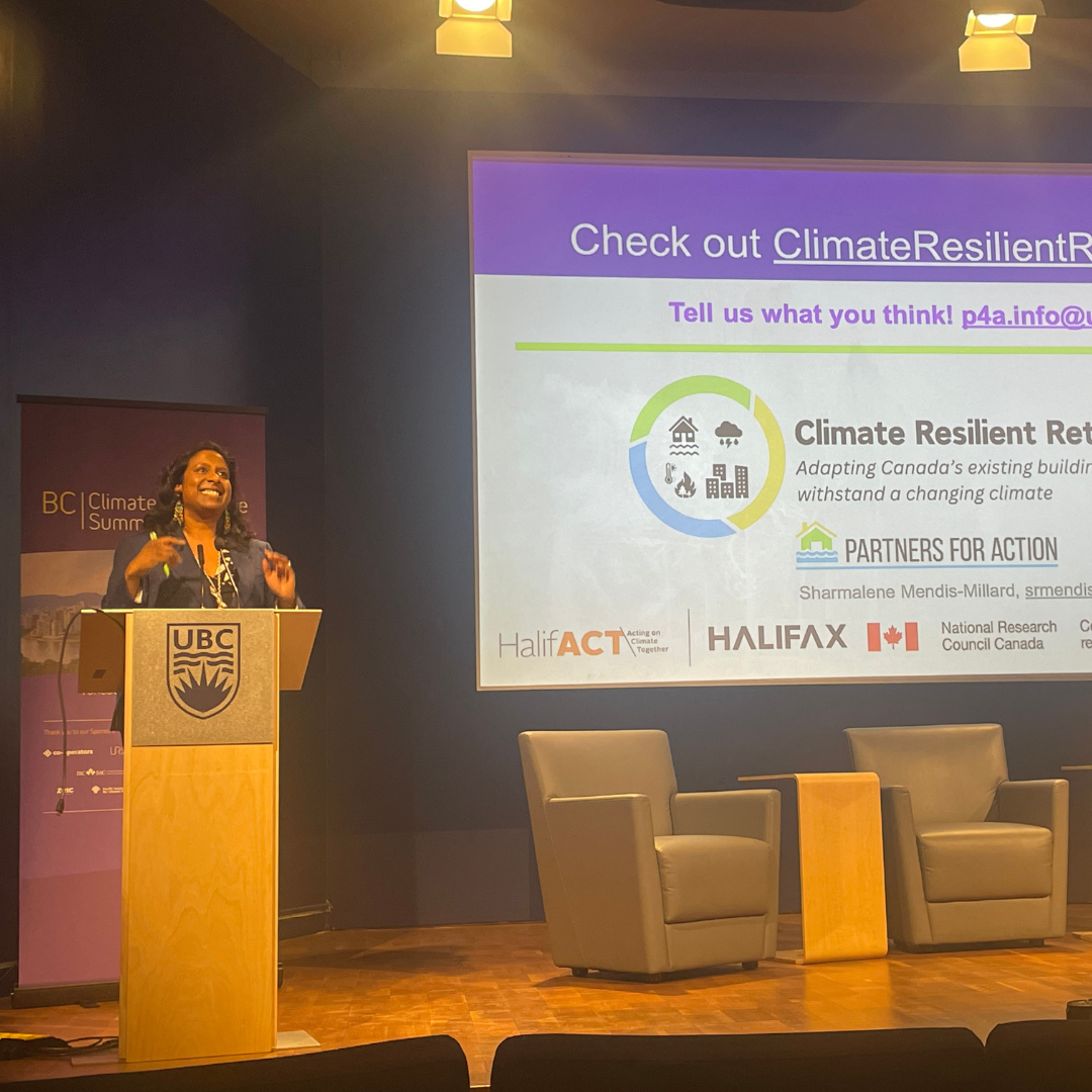 Sharmalene Mendis-Millard presenting at the 2025 BC Climate Resilience Summit.
