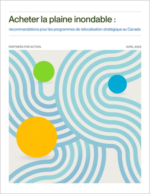 Cover of French report Buying Out the Floodplain, with blue wavy lines, a large yellow circle, a medium sized green circle and a smaller blue circle.