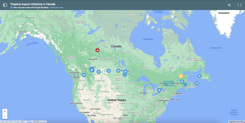 A map of Canada showing where property buyout initiatives have taken place throughout the country as of 2020
