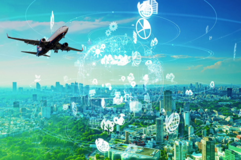 Environmental technology concept and large plane in the sky