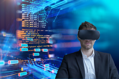 Programming code abstract technology background footage and person wearing VR goggles