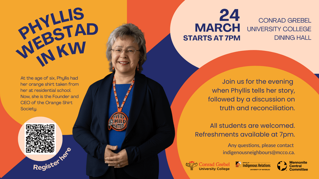 Phyllis Webstad is pictured on the right with text on the left describing her journey. 