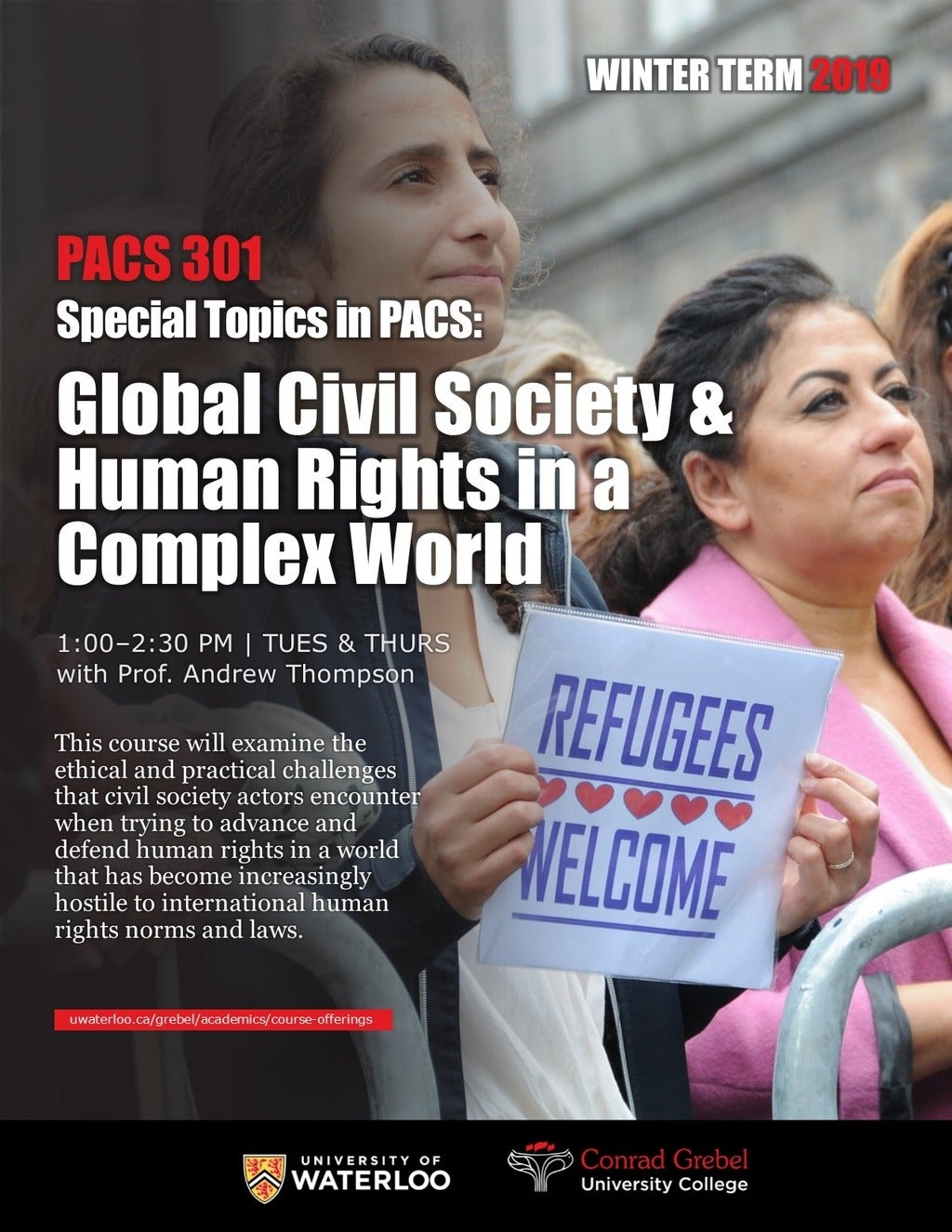 Poster for PACS 301. Features women holding signs that read "Refugees welcome." Also has information about the course.
