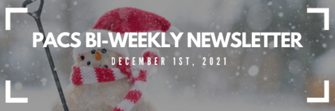 PACS bi-weekly newsletter text over snowman in background