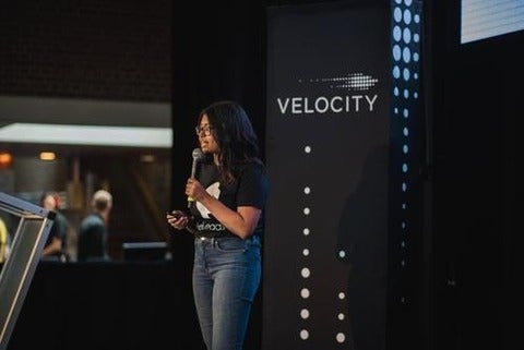 PACS alumna Cassie Meyers representing SheLeads at the Velocity Fund Finals pitch competition