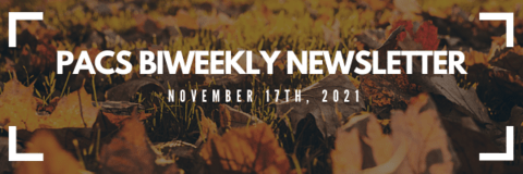 PACS bi-weekly newsletter white text over fall leaves