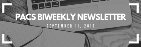 PACS Final newsletter banner: image of a laptop and notepad. White text overtop reads: PACS Biweekly Newsletter Sept.11, 2019