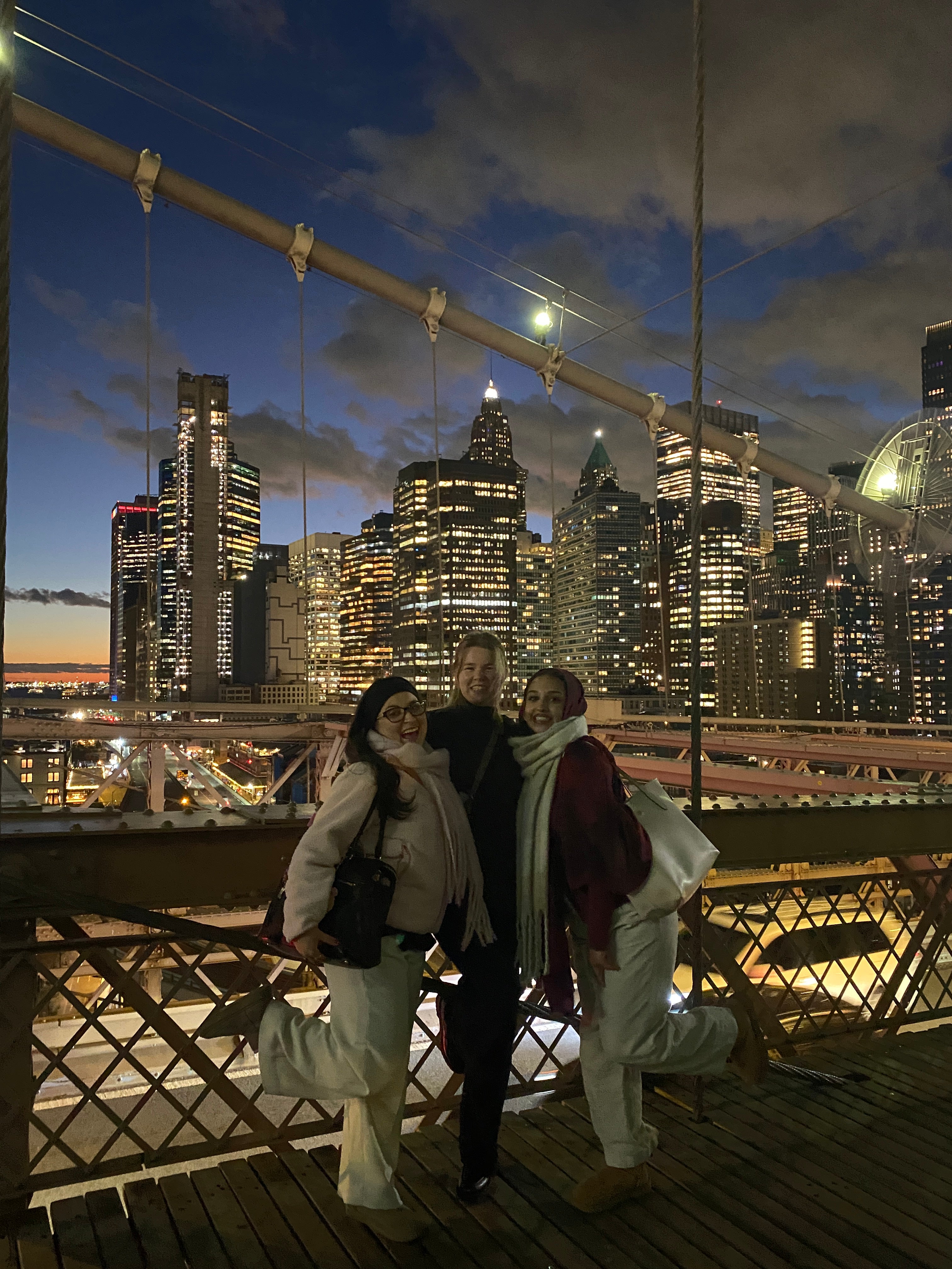 Students standing in front of New York City views at night