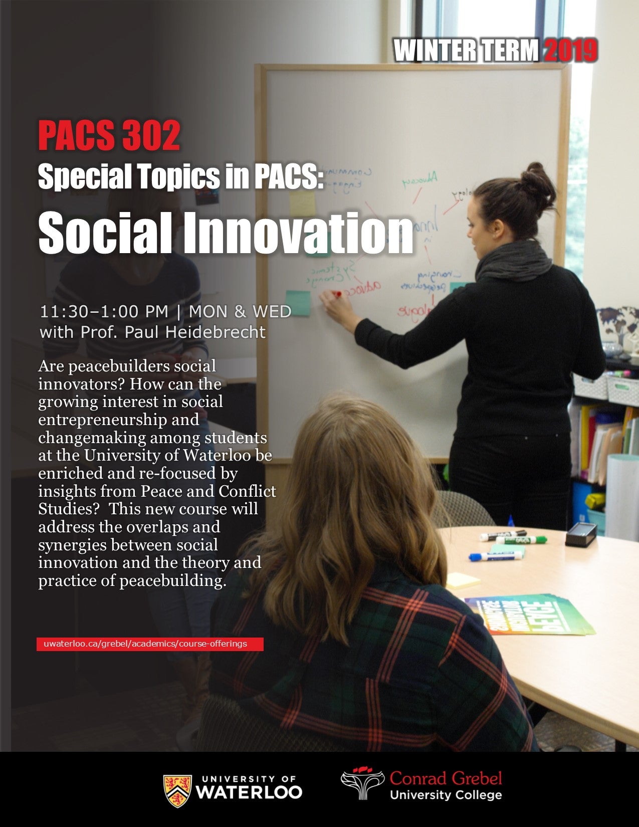 Poster for PACS 302. Features a woman wriiting at a white board. Also includes information about the course.
