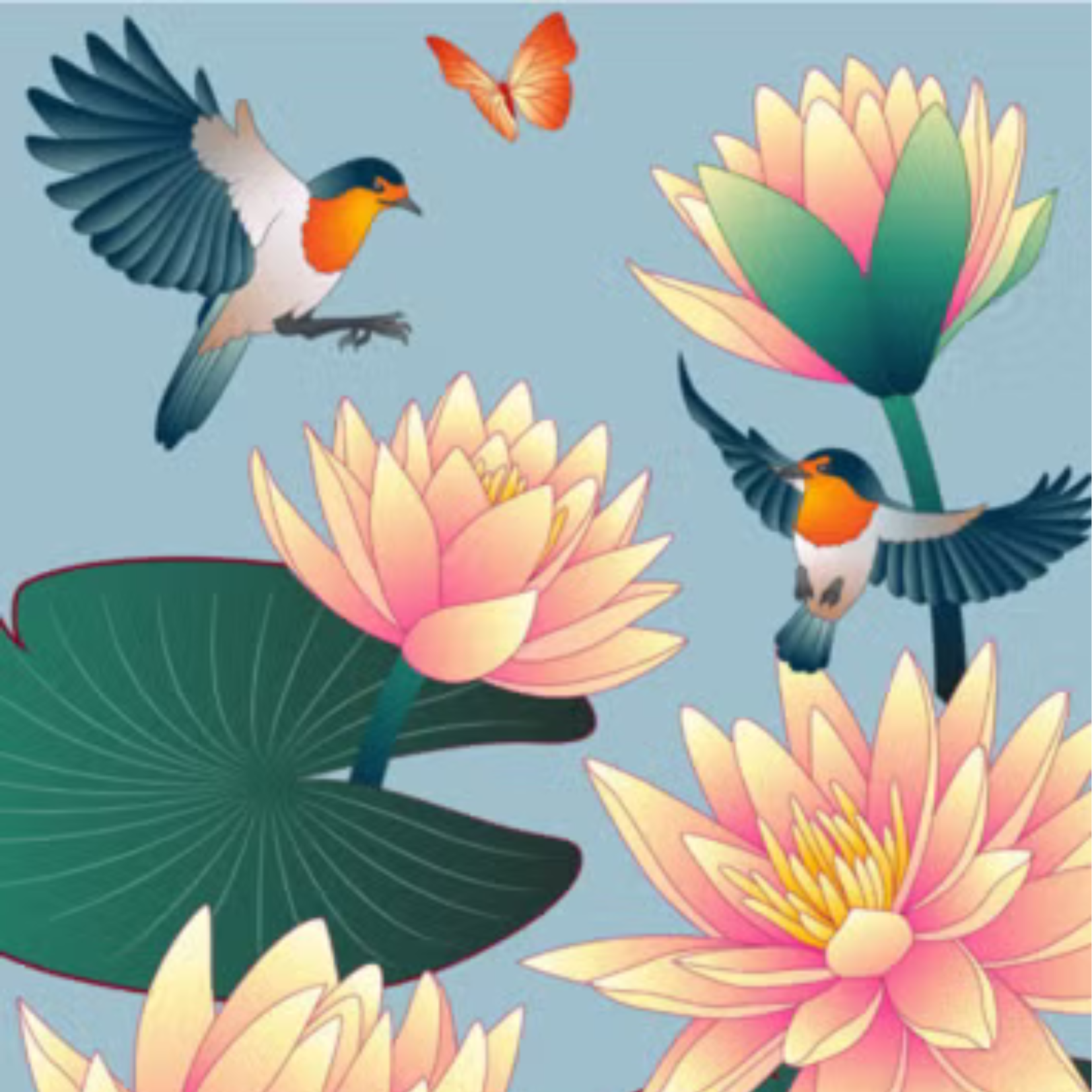 Birds flying around flowers