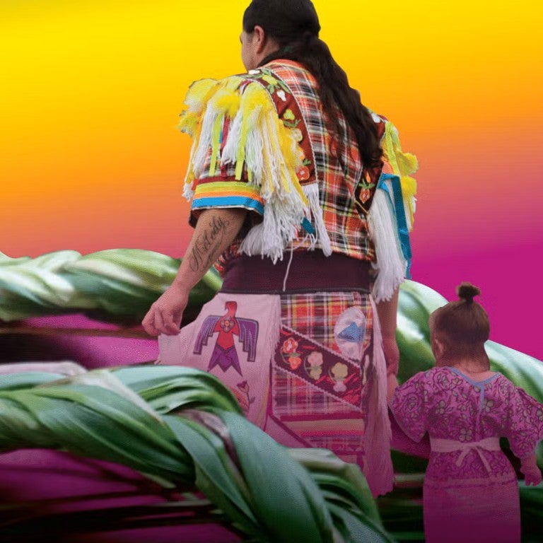 Pow Wow 2026 Banner with Indigenous dancer, child, and braided sweetgrass bundle