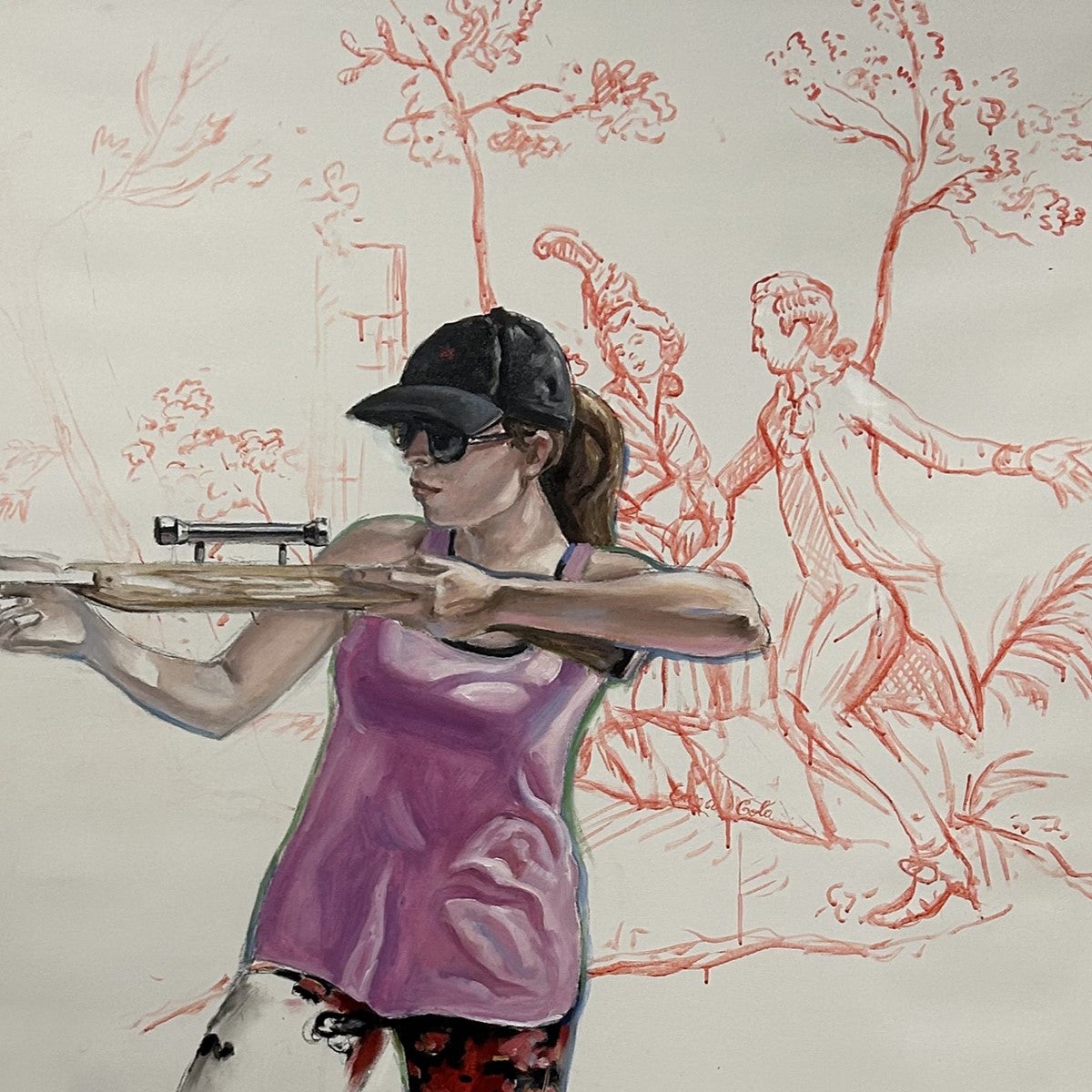 Painting of woman firing a gun with a historic drawing of a picnic in the background