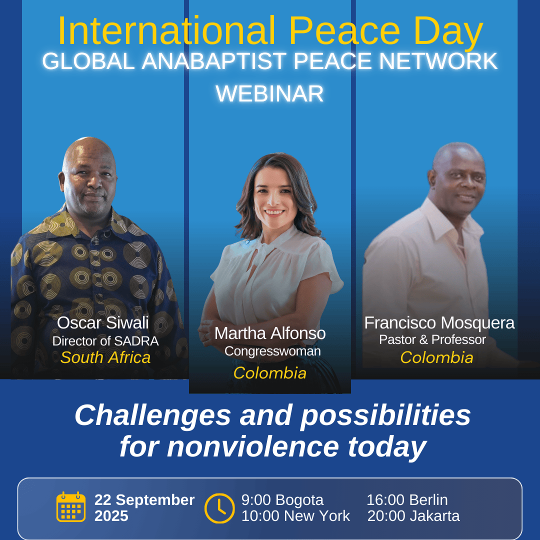 Three speakers are standing against a blue background