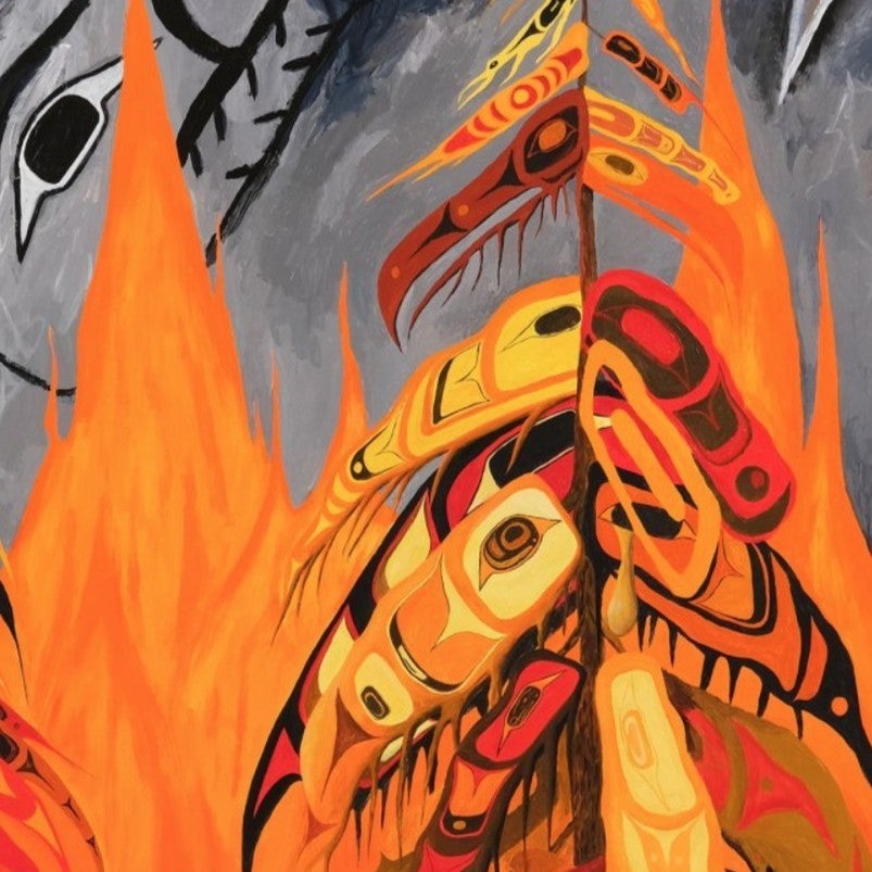 Painting of trees aflame with Indigenous patterns evoking the spirit of the trees and smoky sky