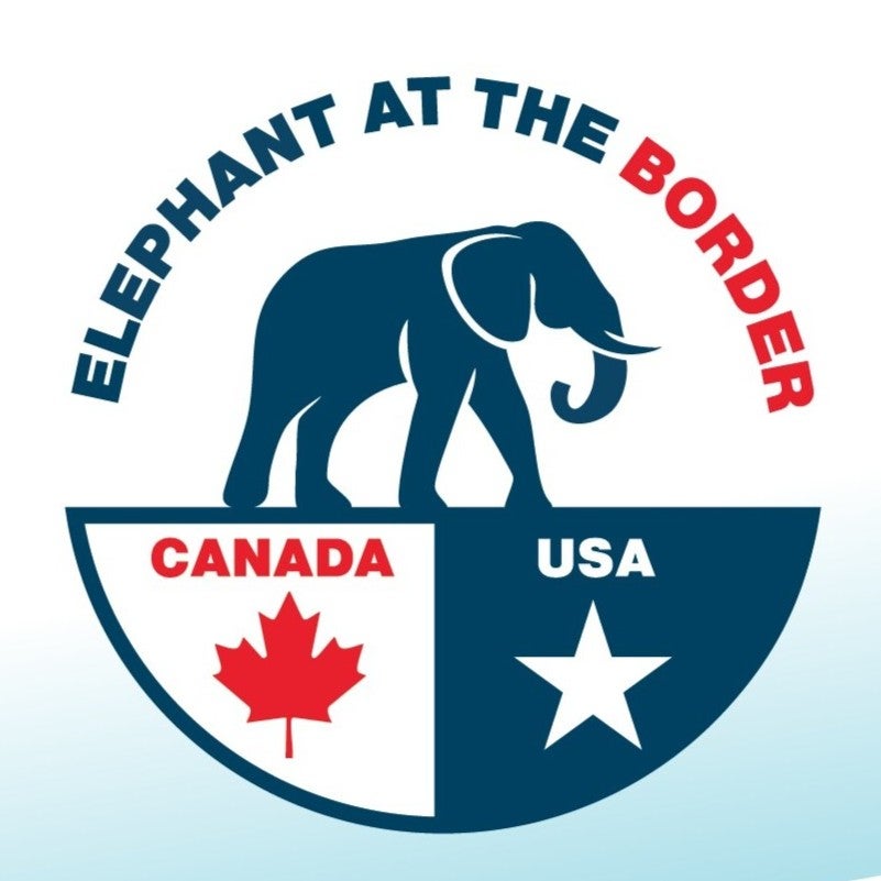 Stylised image of an elephant stepping over a divide symbolised by a Canadian maple leaf and American star