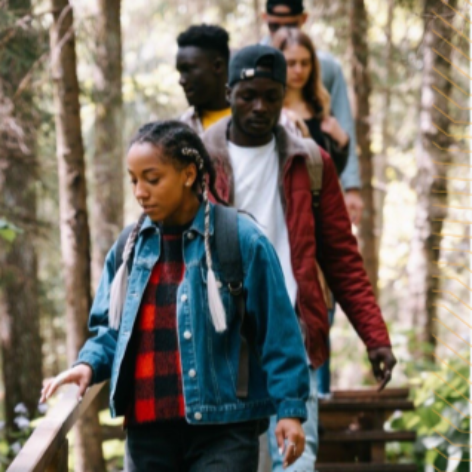 A diverse group of young people descend stairs in a forest
