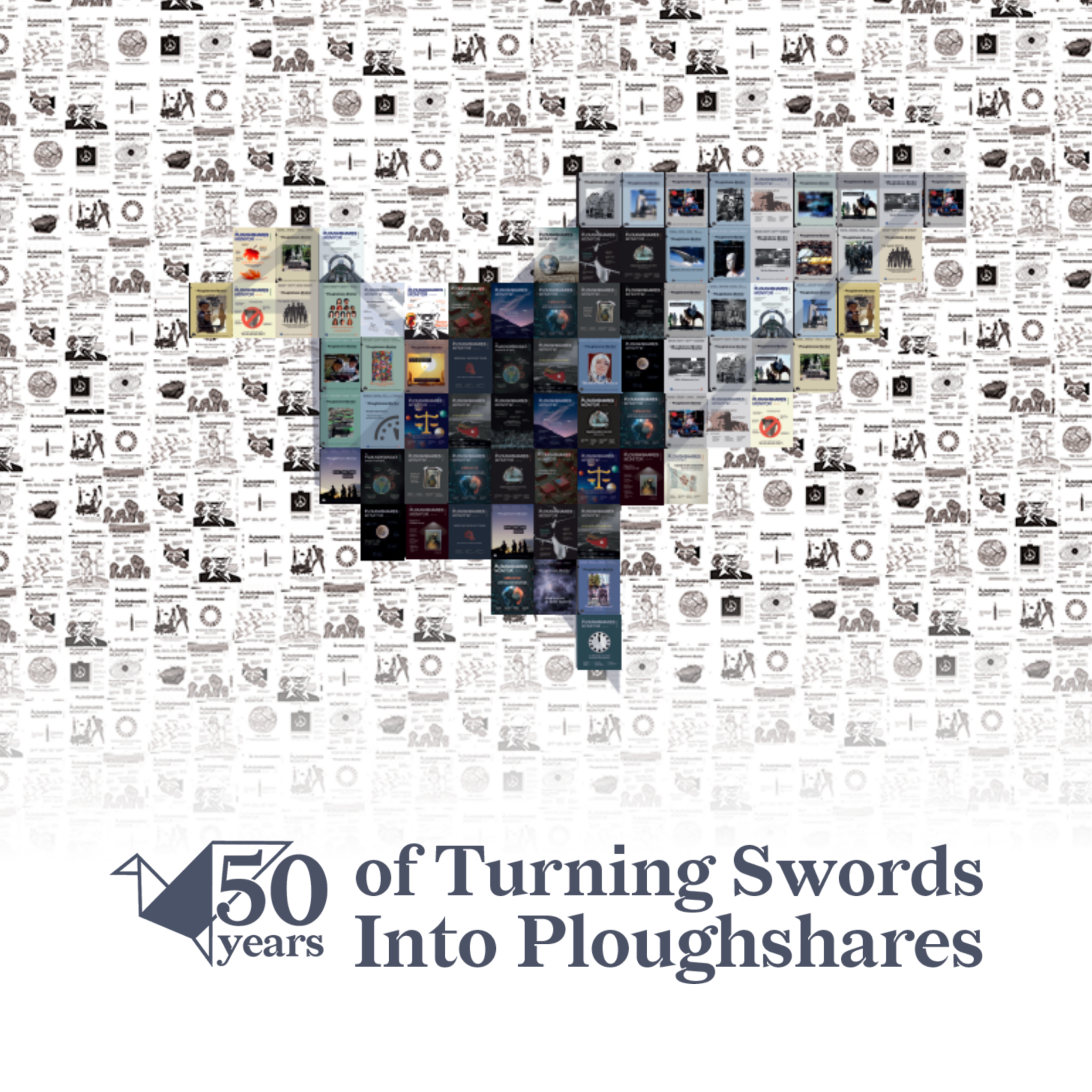 50 years of turning swords into ploughshares exhibit banner with a mosaic dove made out of past Ploughshares Monitor covers