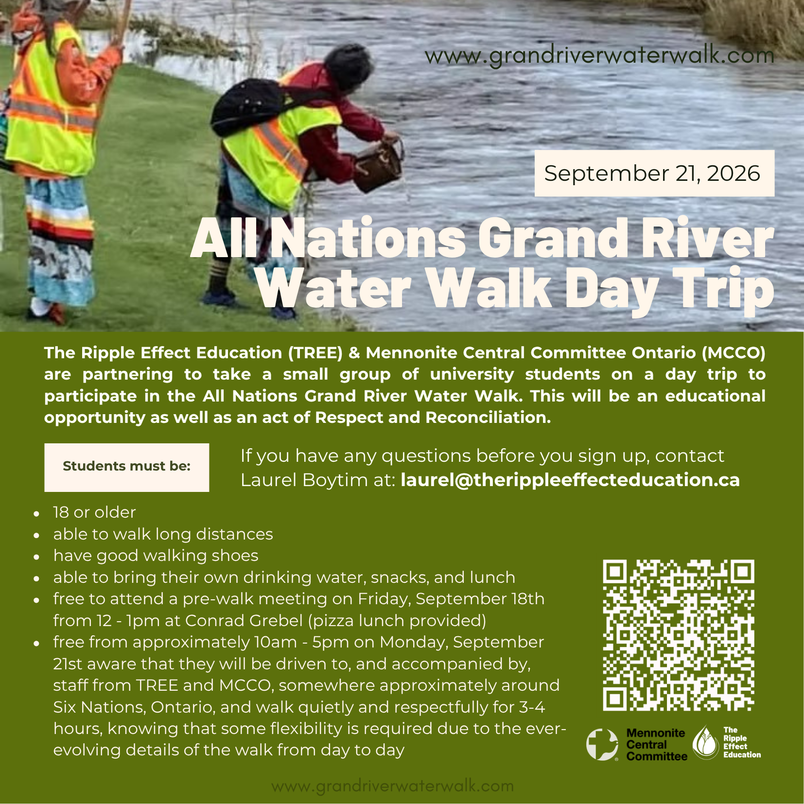 All Nations Grand River Water Walk Day Trip Poster for TREE and MCC-Ontario outing on September 21, 2026