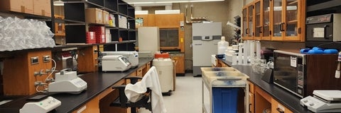 Interior of the Peart Lab at the University of Waterloo, showing PAGE and agarose gel running bench work area and researcher workbench
