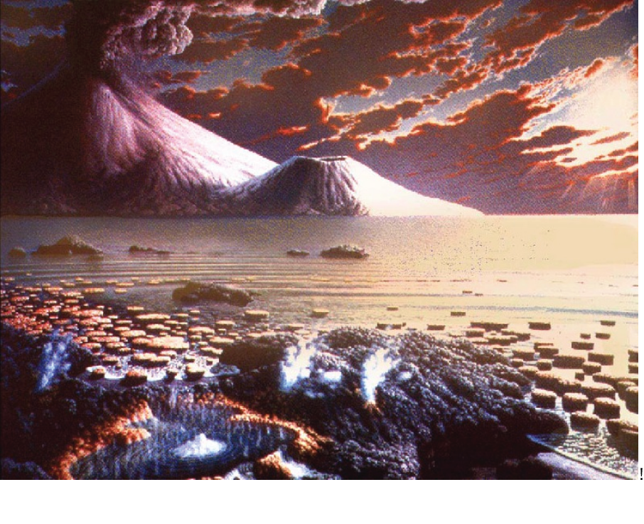 Artist’s conception of what Lake Superior might have looked like billions of years ago. Note the knob-like stromatolites along the shore. From www.agatelady.com.