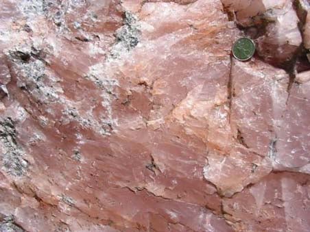 A close-up view of the rose quartz in the Rock Garden.