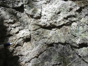 A close-up view of serpentinite rock.