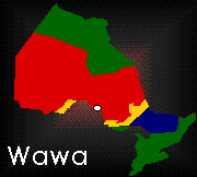 A map showing where Wawa is in Ontario.