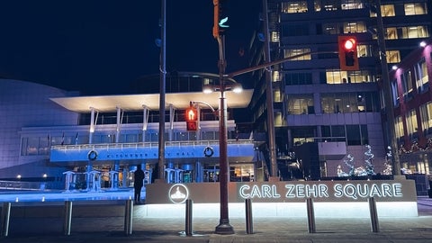 City of Kitchener Carl Zehr Square lit up blue