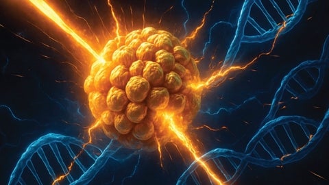 A beam of light passing through aggregated cells with DNA strands in the background