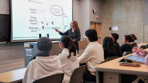 Dr. Annemarie Dedek delivering a lecture to students at the front of a classroom