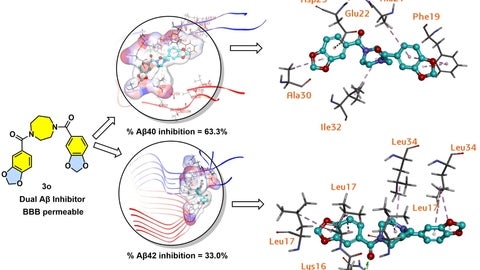 Diagram showing a dual Aβ inhibitor (compound 3o) with two molecular modeling images indicating its binding to Aβ40 and Aβ42. Inhibition levels are shown as 63.3% for Aβ40 and 33.0% for Aβ42. Arrows lead to docking views with labeled amino acid residues surrounding the ligand.