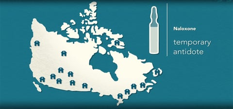 Naloxone - temporary antidote to opioid overdoses and a map showing pharmacies across Canada