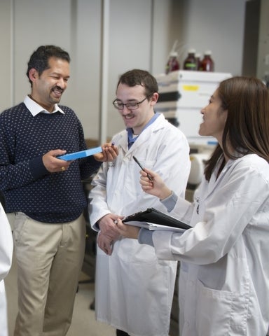 Supervisor and two students having a discussion in the lab