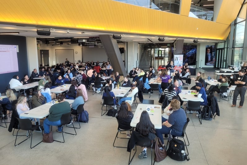 Students sitting at tables in discussion