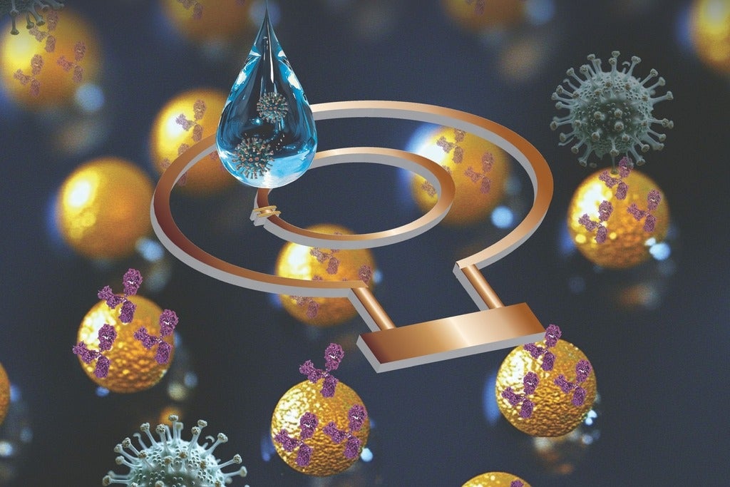 A water droplet floating above a gold plate with COVID particles in the background