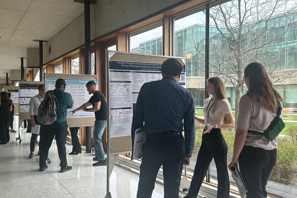 A group of people discussing research in front of science posters
