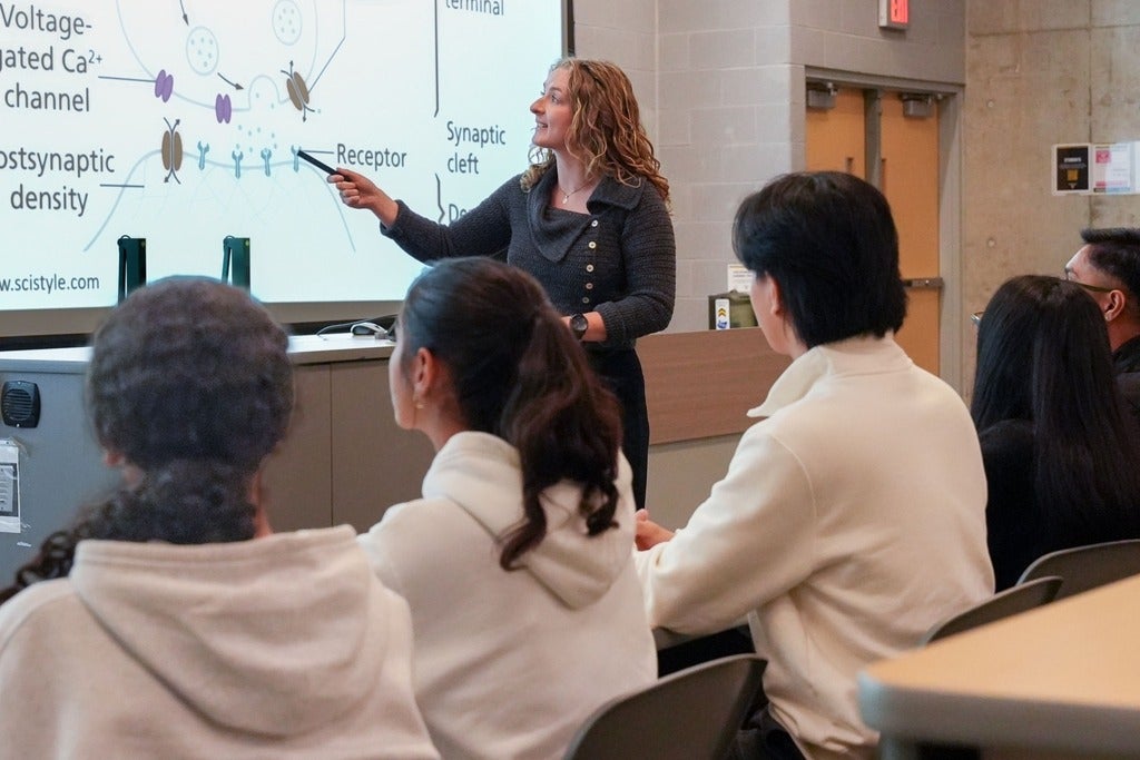 Dr. Annemarie Dedek delivering a lecture to students at the front of a classroom