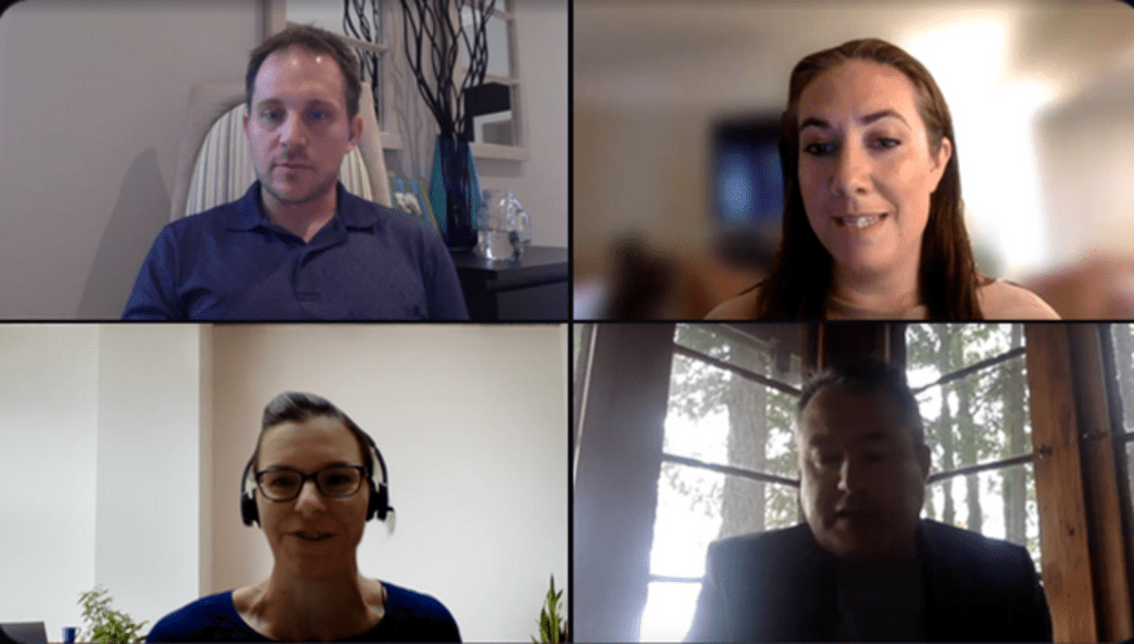 Alumni panel on webcams smiling