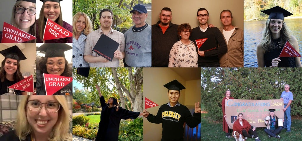 Smilign students wearing graduation hat and holdign UW Pharm Grad flags