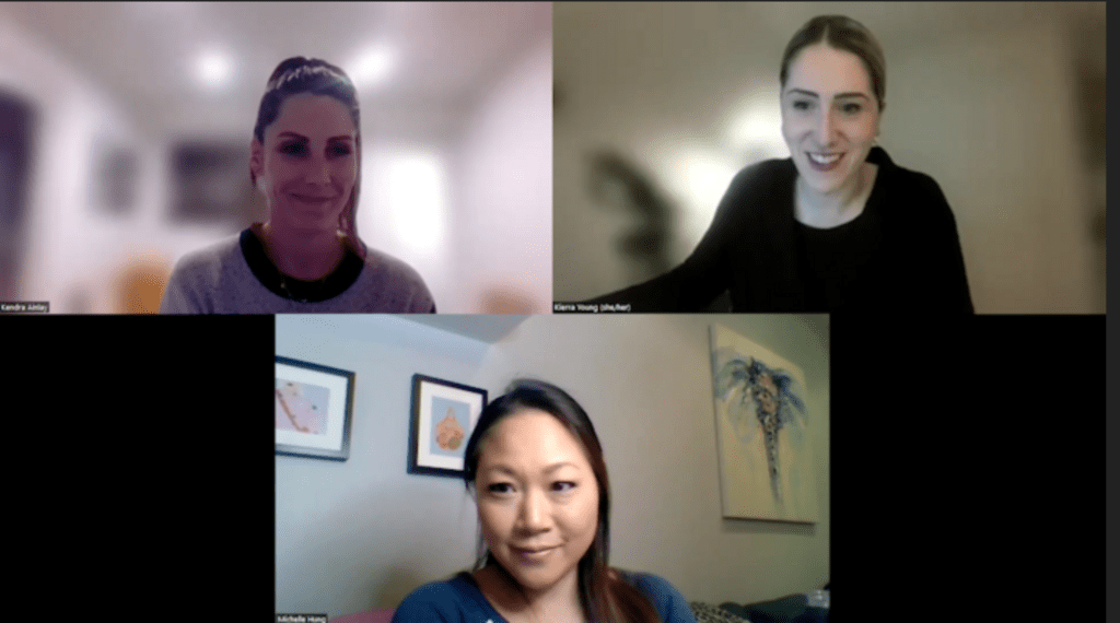 Zoom call featuring Kendra Burkholder, Kierra Young and Michelle Hung.